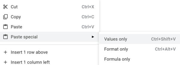Depiction of the "Values Only" button in the menu
