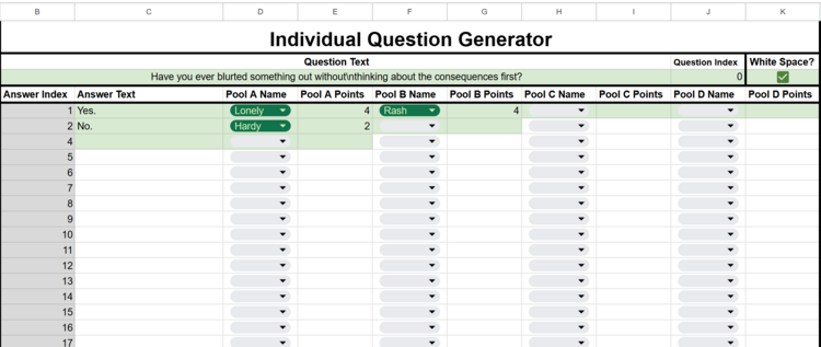 Location of the Question Data Inputs Area